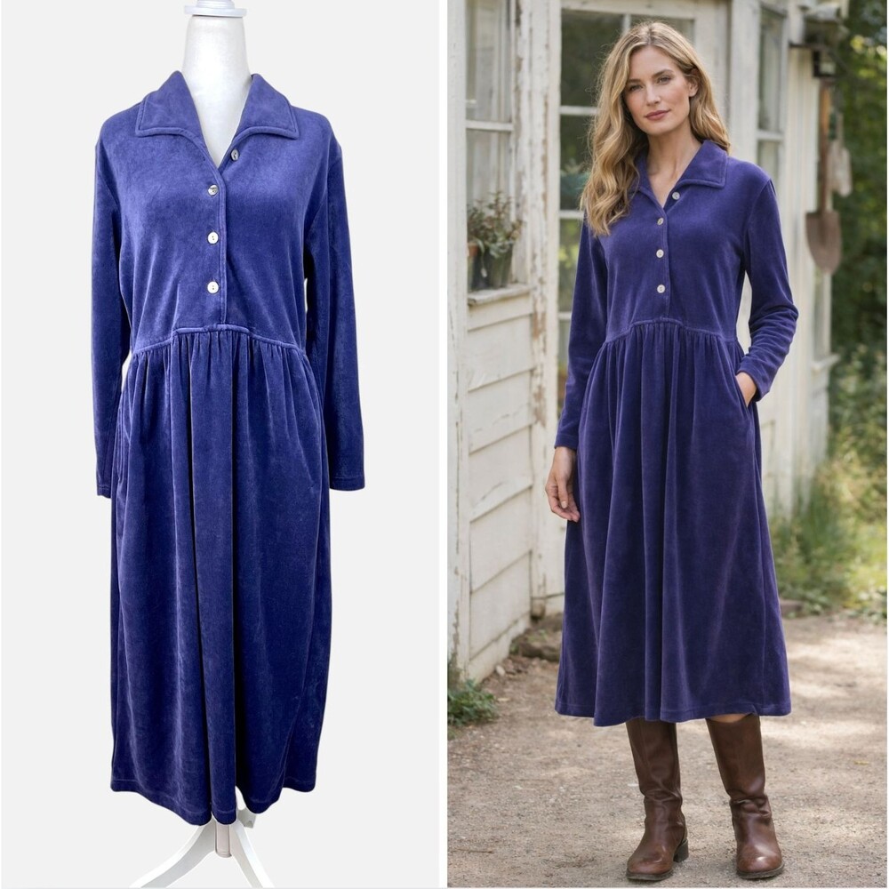Vintage 90s Smith & Hawken Cotton Velvet Velour Midi Dress Cottage Country Sz M